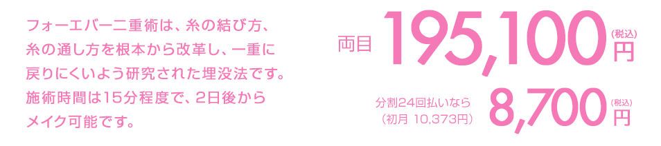 両目 195,100円（税込）分割24回払いなら（初月 10,373円） 8,700円（税込）