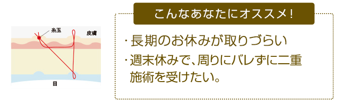 こんなあなたにオススメ！ ・長期のお休みがとりづらい・週末休みで、周りにバレずに二重施術を受けたい。